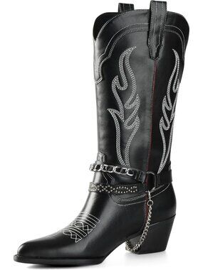 Women's Black Western Boots with Embroidered, Pull on Style, Faux Leather